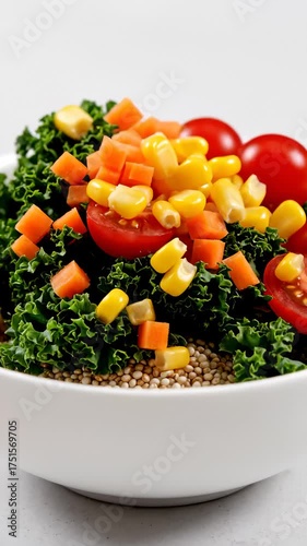 Preparing Healthy Salad With Kale, Corn, Carrots, and Tomatoes in a White Bowl