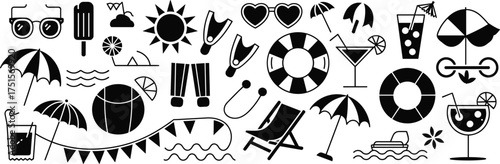 Black and white summer-themed icon set including sunglasses, drinks, flip-flops, umbrellas, beach ball, boat, and pool float