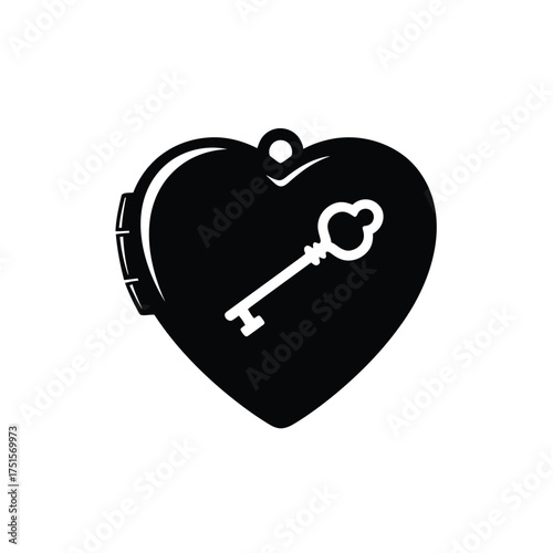 Black heart locket with white key silhouette vector
