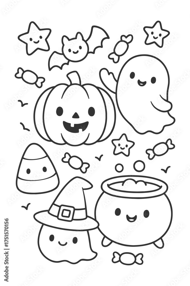 Fototapeta premium Funny cartoon vector set of smiling faces characters - Halloween doodle coloring