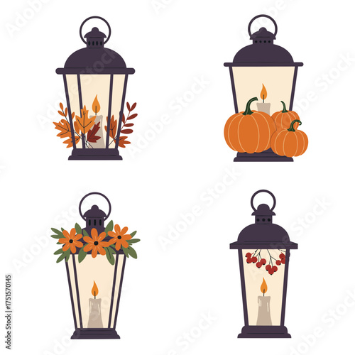 Halloween lantern set with pumpkins, candles and autumn leaves for festive seasonal decoration design