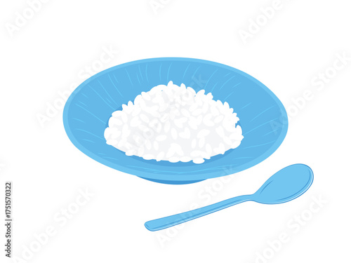 White rice on a bright blue plate with matching spoon, clean minimalist food illustration on white for menus, recipe cards, kitchen labels, cafe branding and simple packaging.
