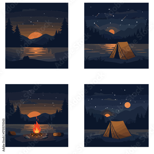 Night sky view with glowing stars and moon, dreamy landscape window view illustration for calm evening concept