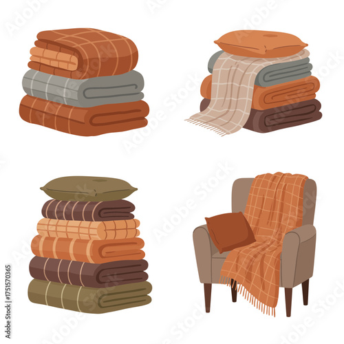 Cozy folded blankets and pillows stack, warm home textile decor for comfort, autumn, and winter illustration