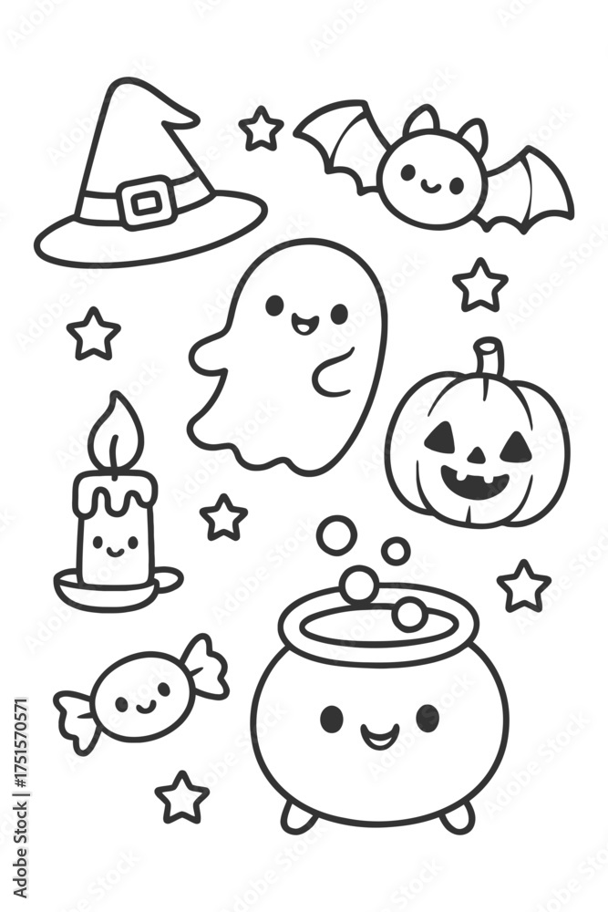 Fototapeta premium Cartoon illustration with holiday and celebration icons set - Halloween doodle coloring