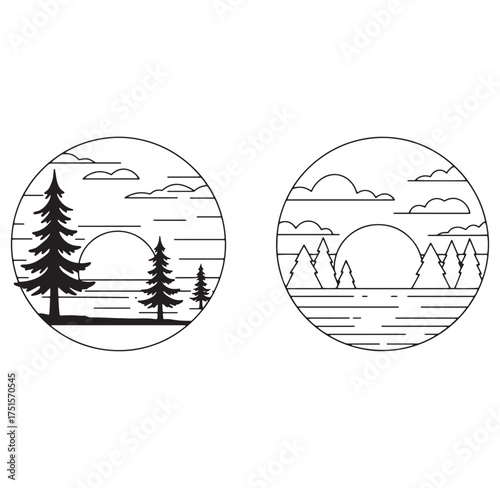 Minimalist black and white circular landscape designs with trees clouds and sun elements