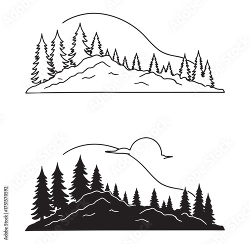 Minimalist mountain landscape design featuring pine trees and simple natural elements in black and white