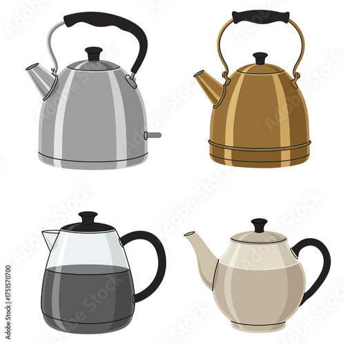 Vintage metal kettles and teapots collection, classic kitchen cookware for tea and coffee preparation design