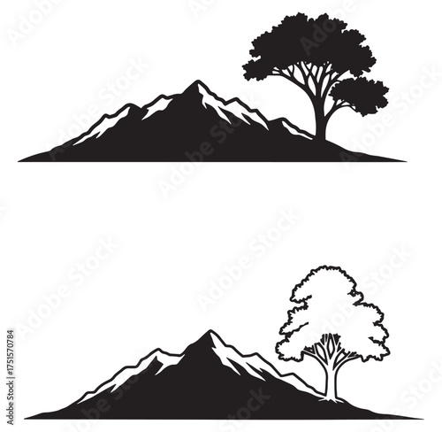 Monochrome mountain and tree silhouettes illustrating nature outdoor adventure and landscape scenes