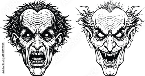 Two creepy monster faces detailed ink drawings menacing evil ghouls scary apparitions
