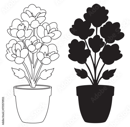 Outline illustration of flowering plant in pot with positive and negative space