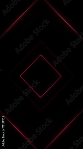Dark and mysterious abstract background featuring a futuristic portal made of concentric glowing red neon rhombus lines