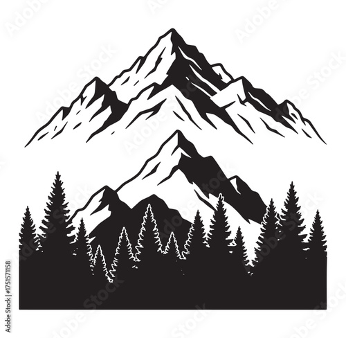 Silhouette illustration of mountain peaks and forest of pine trees nature scenery