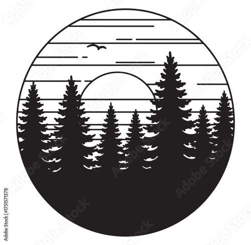 Silhouette of pine trees and sunrise in a circle illustrating nature and outdoors