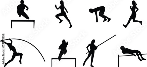 Black silhouette icons of athletes performing track and field events including sprinting, hurdling, pole vaulting, javelin throw, and high jump