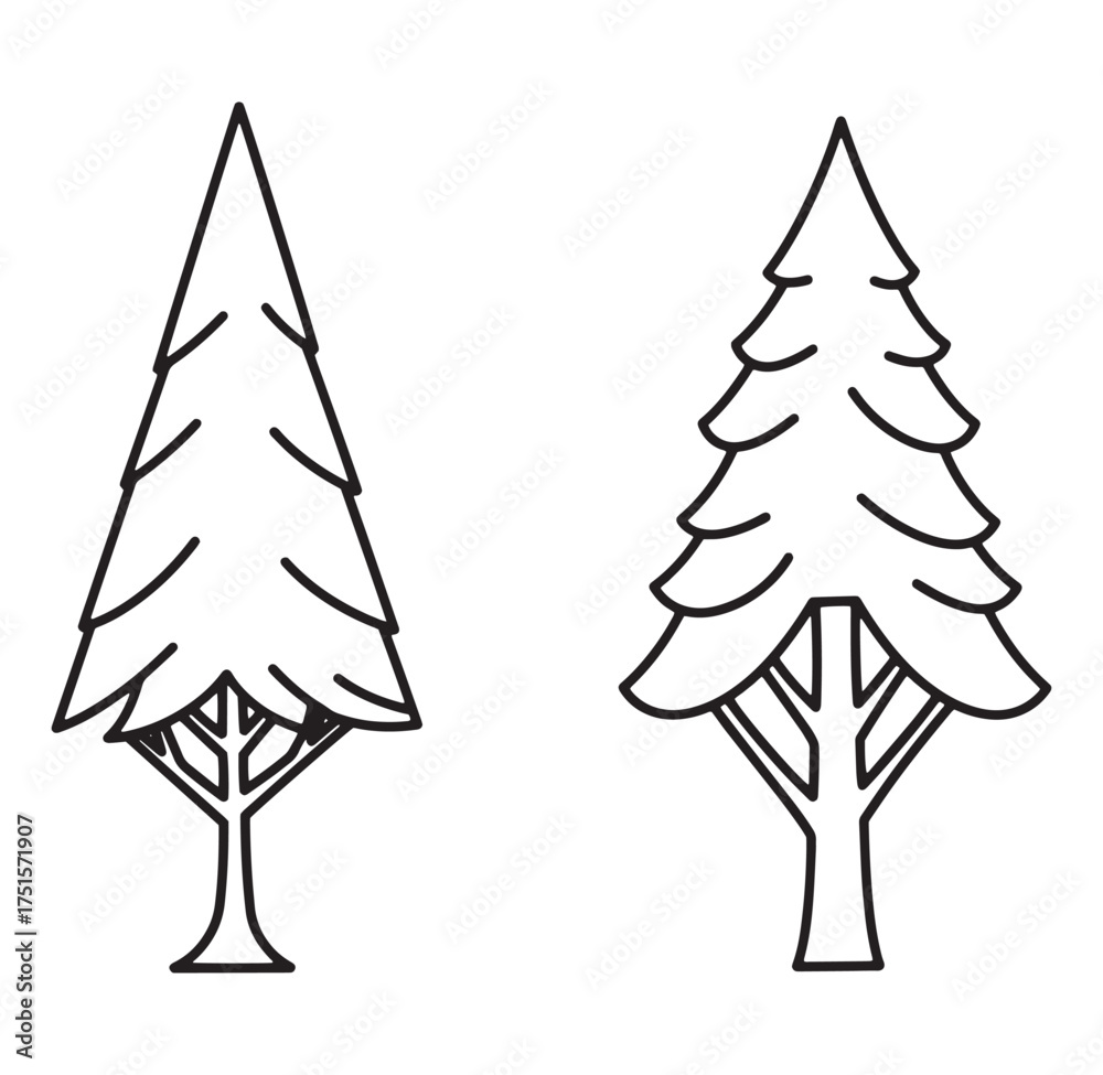 Fototapeta premium Simple black and white outlined pine trees for nature and forest concepts