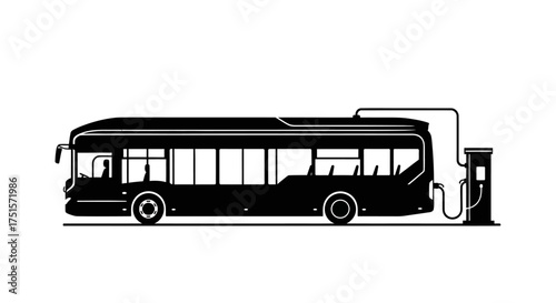 Sharp black vector silhouette of a modern electric city bus actively charging at a sustainable power station