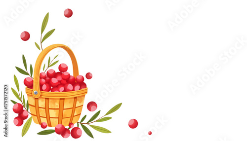 Basket with red berries and green leaves in a minimalist design  