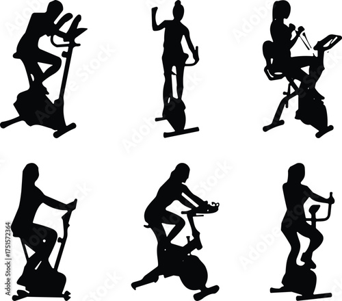 Black silhouette icons of people using different exercise bikes including upright, recumbent, spin, and elliptical for indoor fitness