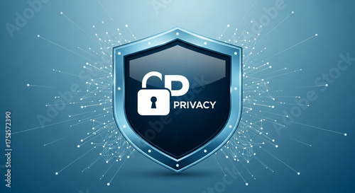 A digital privacy shield with a padlock on a blue background, representing data protection and cybersecurity in the modern digital age