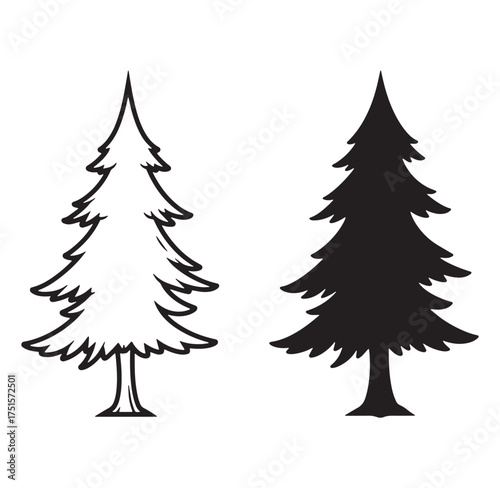 Simple vector illustrations of christmas trees in black and white designs