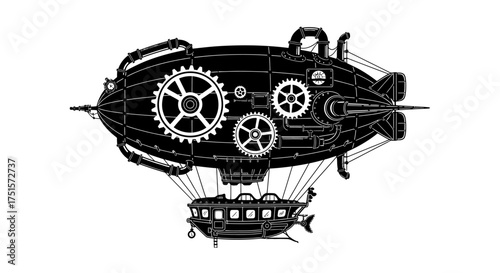 Elaborate black silhouette of an intricate steampunk flying machine with detailed cogs and propellers