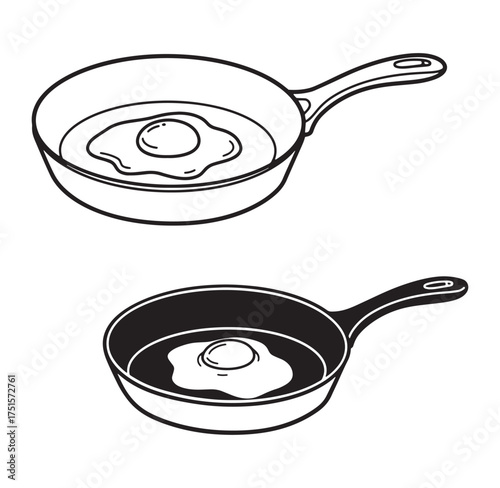 Two black and white frying pans with fried eggs vector illustration for cooking