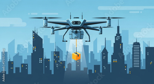 Drone delivering a package over a cityscape, highlighting the future of urban logistics and delivery services