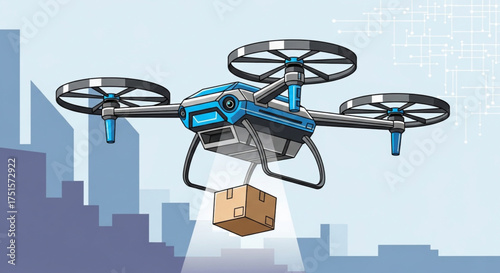 Delivery drone carrying a package in an urban environment, showcasing modern logistics and technological advancement