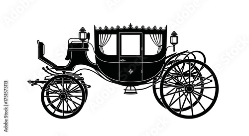 Elegant black silhouette of an ornate horse-drawn carriage fit for royalty from a historical fairytale