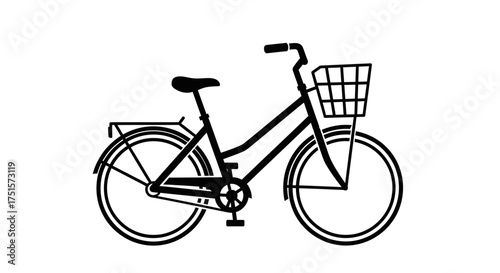Simple silhouette of a classic urban commuter bicycle featuring a useful front basket for city living