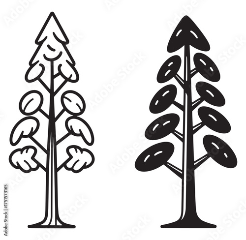 Two decorative minimalist black and white pine trees isolated on a white background