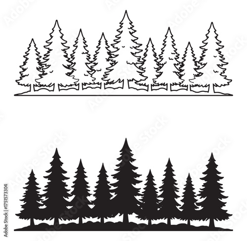 Two distinct styles of pine tree silhouette illustrations in vector format against white background