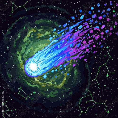 A vibrant pixel art comet with a colorful tail streaks through a swirling green nebula and constellations.