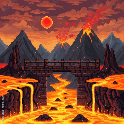 A dramatic pixel art scene of a stone bridge crossing a molten lava river with erupting volcanoes under a red sun.