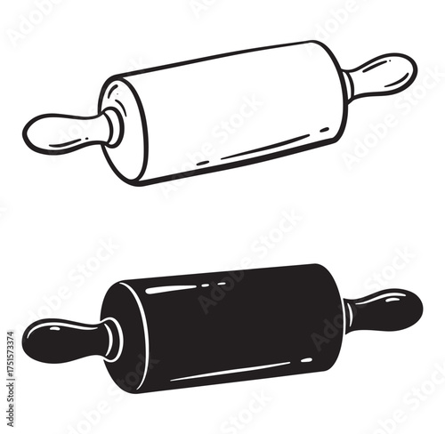 Two detailed black and white rolling pin illustrations for baking and culinary concepts