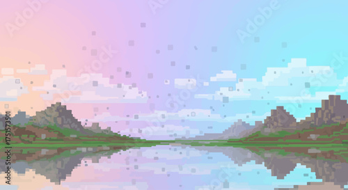 Pixelated landscape featuring mountains reflected in a calm lake under a pastel colored sky with scattered particles.
