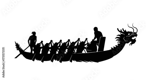 Athletic silhouette of a cultural dragon boat with a team of synchronized paddlers during a festive race