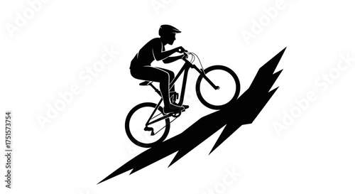 Dynamic silhouette of a mountain bike rider in a streamlined position descending a steep trail at speed