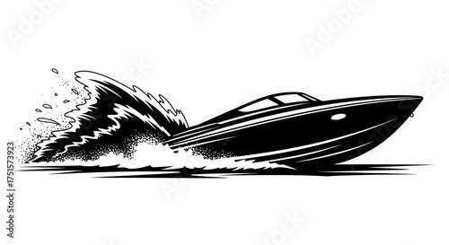 Dynamic sharp silhouette of a powerful speedboat creating a wake as it moves across the water with energy