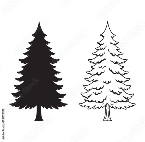 Two stylized black and white fir trees perfect for christmas and outdoor related designs