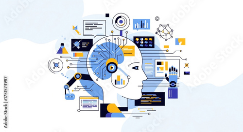 Artificial intelligence concept with human head silhouette and circuit board machine learning and future technology