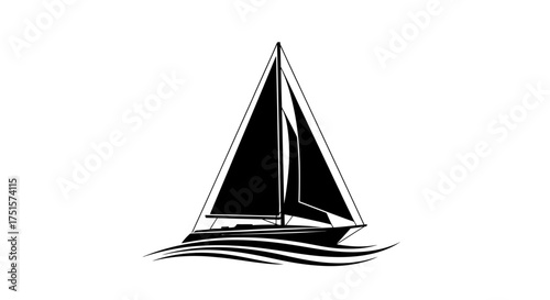 Flowing silhouette of a graceful classic sailboat with its sails full, cruising on the open sea peacefully