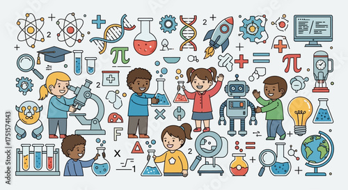 A colorful illustration of diverse children engaged in science, technology, and STEM education with various icons.
