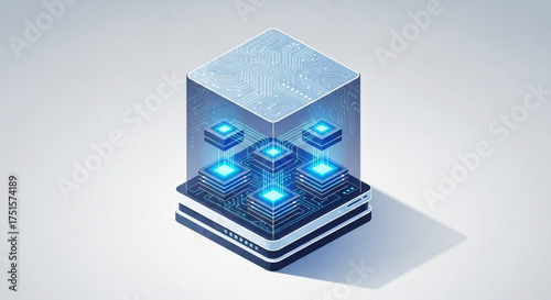 Isometric server rack with glowing cubes representing data processing and storage, concept of cloud computing and big data analysis