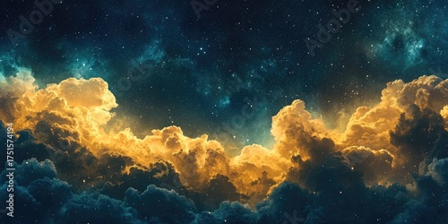Fototapeta Naklejka Na Ścianę i Meble -  A vast, starry sky with fluffy, golden clouds in the foreground, creating a surreal, ethereal atmosphere.