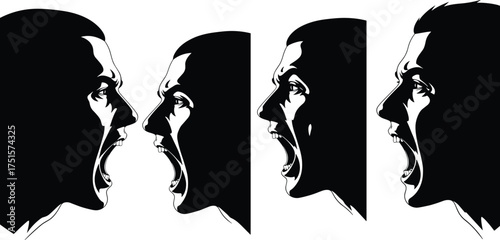 Shouting profile silhouette set, expressive face illustration, emotional black and white vector, yelling person artwork, dramatic communication concept, protest or urgency design