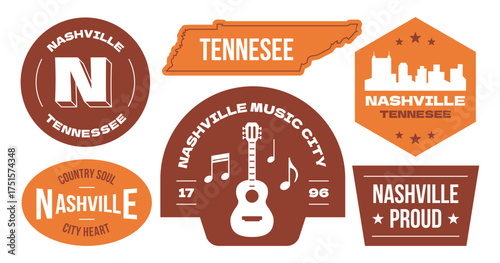 Nashville tennesee stickers travel collection. Set of US popular city badges.