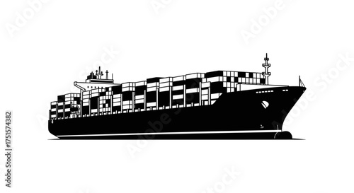 Massive industrial silhouette of a large oceanic cargo ship transporting shipping containers across the sea