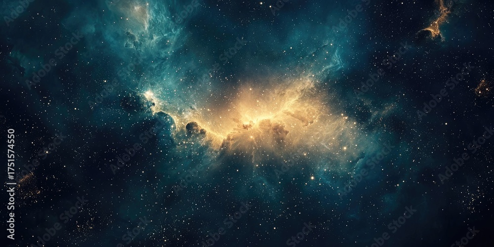 Obraz premium A vast, colorful nebula with a central star and numerous stars scattered throughout, set against a dark, starry backdrop.